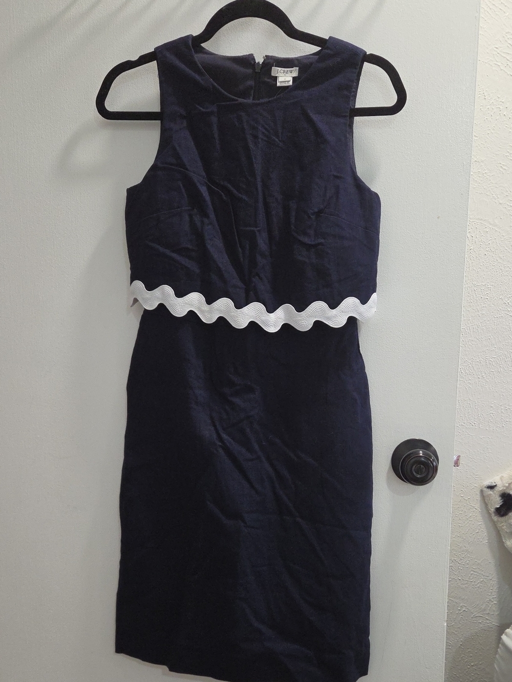 J. Crew Navy Sheath Dress with White Scallop Waist Trim